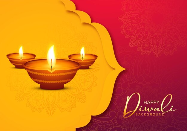 Beautiful diwali greeting card with shiny diya oil lamp background