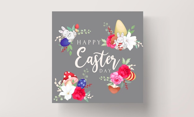 Free Vector beautiful easter card with cute bunny  mushroom and beautiful flower