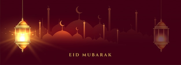 Beautiful eid mubarak banner with shiny islamic lantern