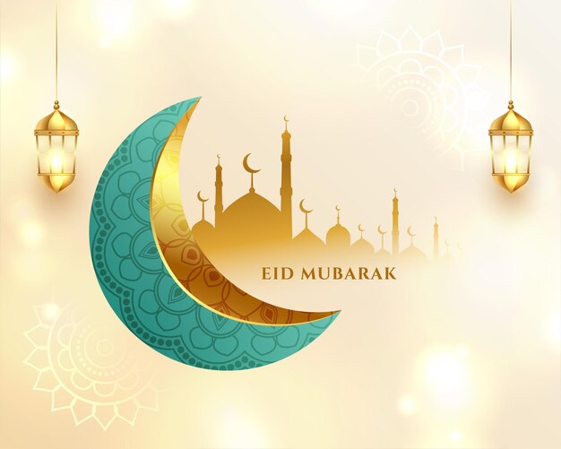 Free Vector beautiful eid mubarak shiny background with realistic moon and mosque