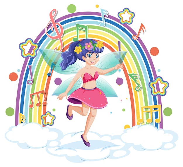 Beautiful fairy standing on a cloud with rainbow