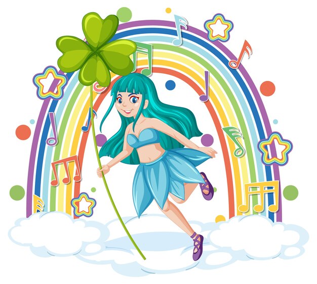 Beautiful fairy standing on a cloud with rainbow