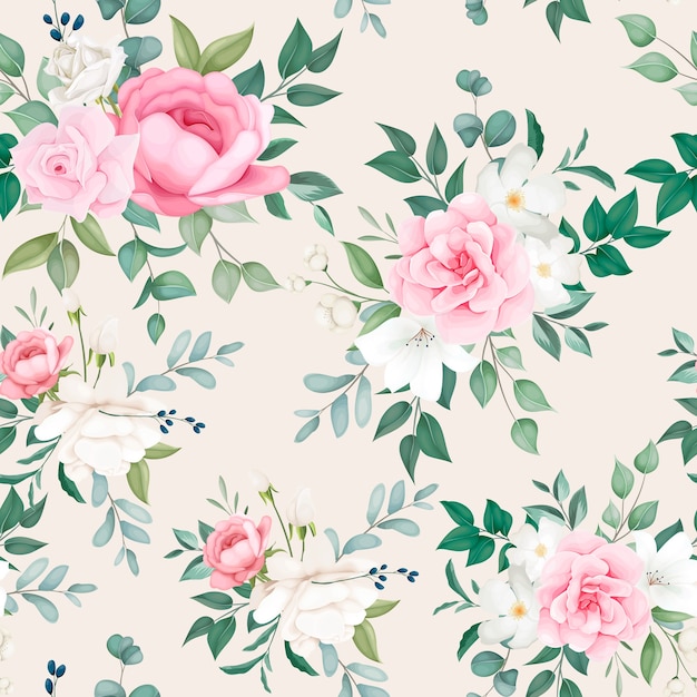 Free vector beautiful floral and leaves seamless pattern