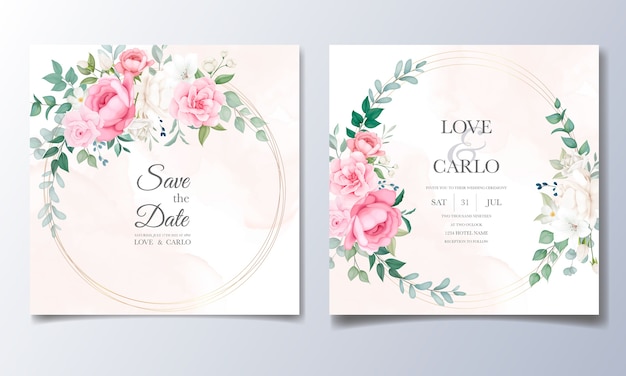 Beautiful floral and leaves wedding invitation card 