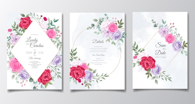 Beautiful floral and leaves wedding invitation card 