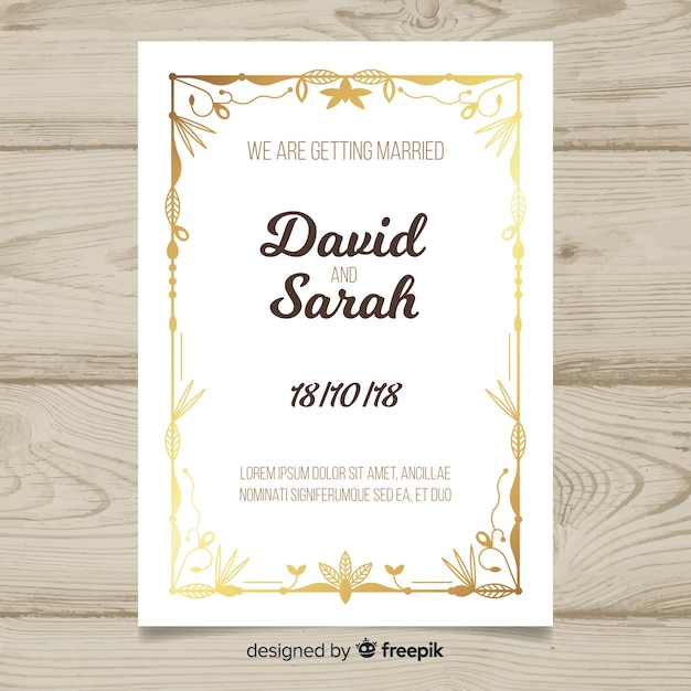 Beautiful floral wedding invitation template with golden elements