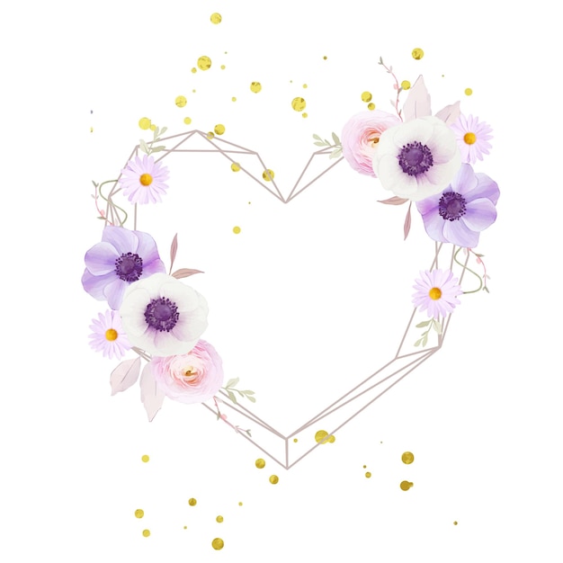 Free Vector beautiful floral wreath with watercolor anemones flower