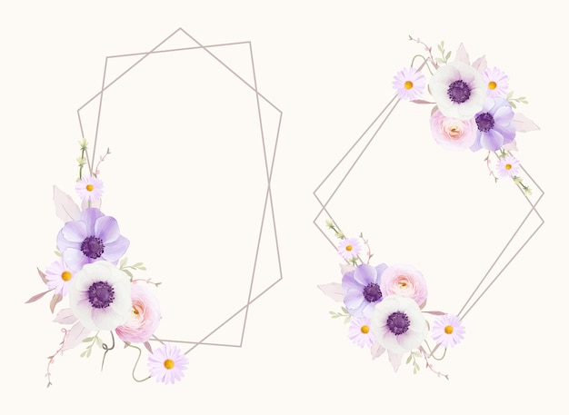 Free Vector beautiful floral wreath with watercolor anemones flower