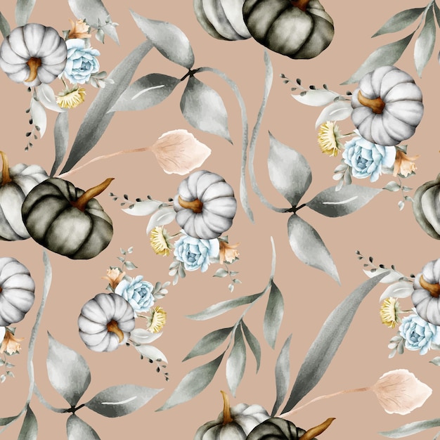 Free vector beautiful flower and pumpkin watercolor seamless pattern