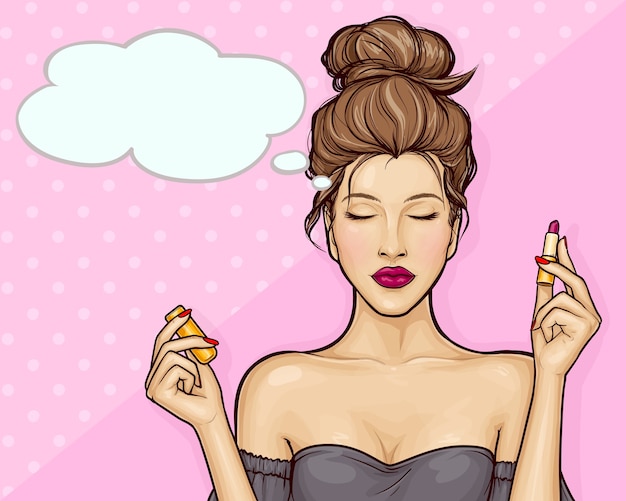 Beautiful girl holding lipstick  in pop art style