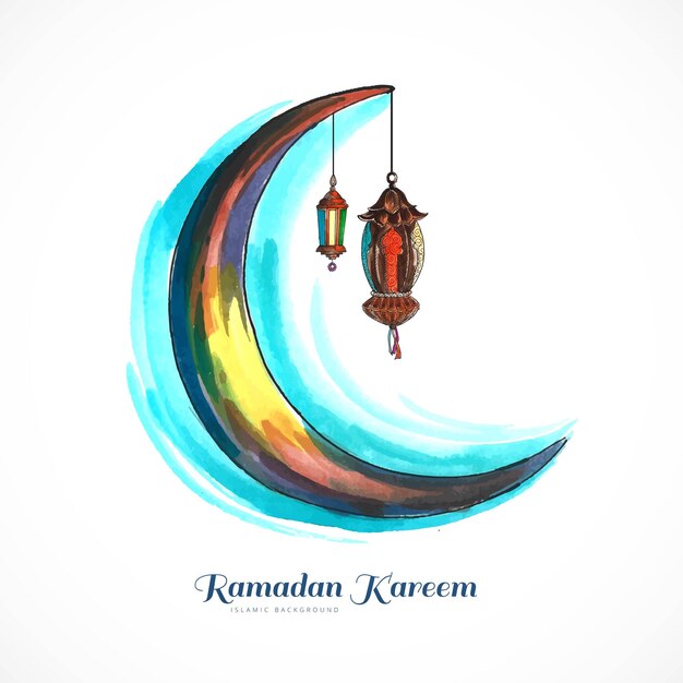 Beautiful hand draw watercolor moon ramadan kareem card background