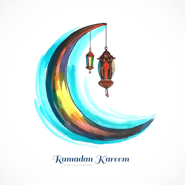 Beautiful hand draw watercolor moon ramadan kareem card background