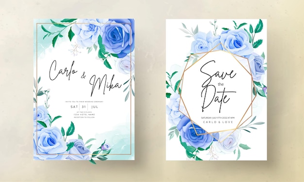 beautiful hand drawing blue flower wedding invitation card