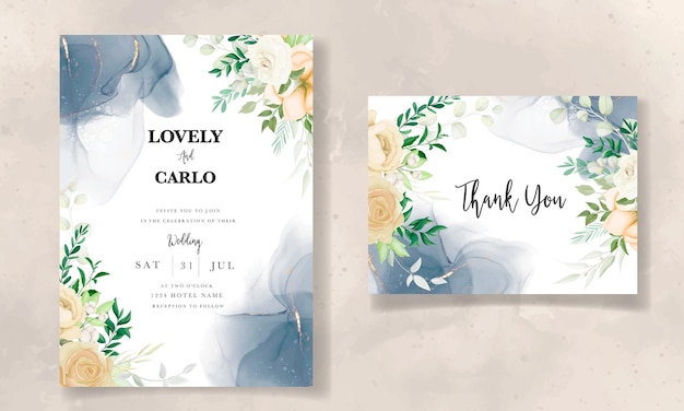 beautiful hand drawing soft floral wedding invitation set template