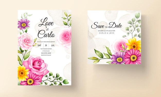 Beautiful hand drawing watercolor flower wedding invitation card