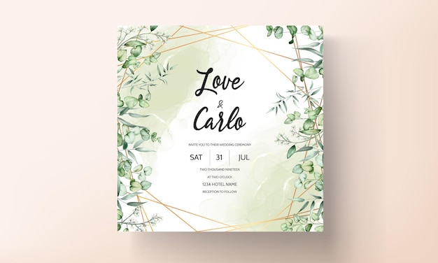 beautiful hand drawing watercolor leaves wedding invitation card template