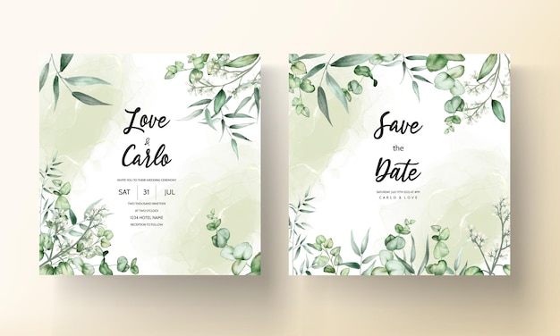 beautiful hand drawing watercolor leaves wedding invitation card template