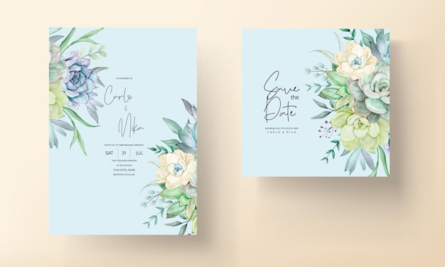 beautiful hand drawing watercolor succulent plant and flower wedding invitation template