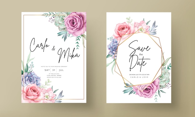 beautiful hand drawing watercolor succulent plant and rose flower wedding invitation template