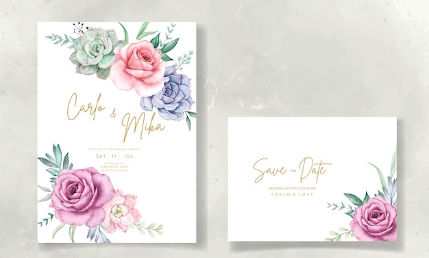 beautiful hand drawing watercolor succulent plant and rose flower wedding invitation template