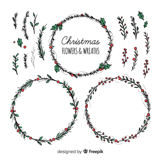 Beautiful hand drawn christmas flower and wreath collection