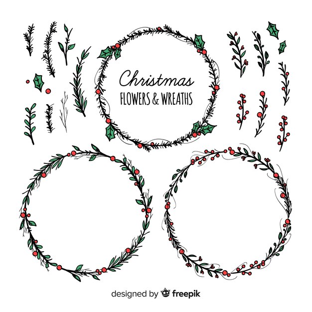 Beautiful hand drawn christmas flower and wreath collection