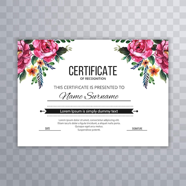 Beautiful hand drawn flower certificate award card template design