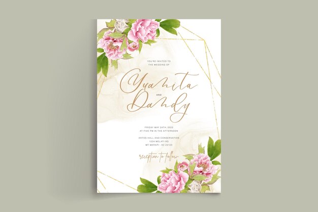 beautiful hand drawn peony floral and leaves invitation card set