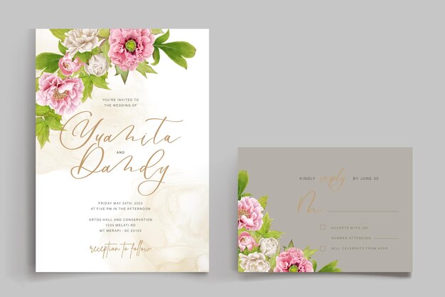 beautiful hand drawn peony floral and leaves invitation card set