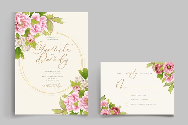 beautiful hand drawn peony floral and leaves invitation card set