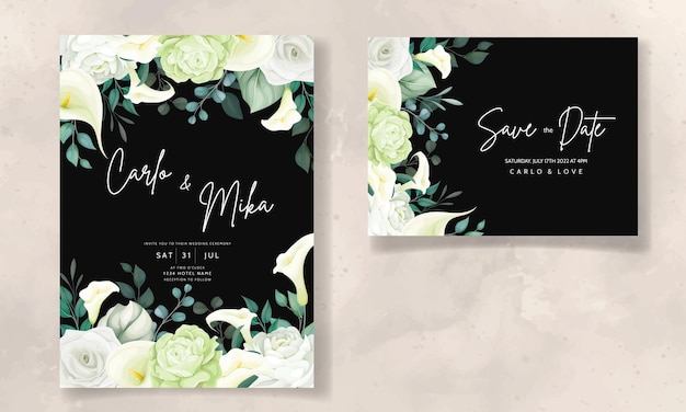 Free Vector beautiful hand drawn rose and calla lily flower wedding invitation card