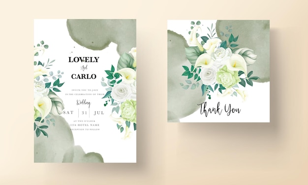 Free Vector beautiful hand drawn rose and calla lily flower wedding invitation card