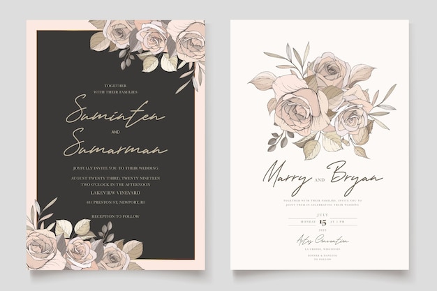 beautiful hand drawn roses wedding invitation card set