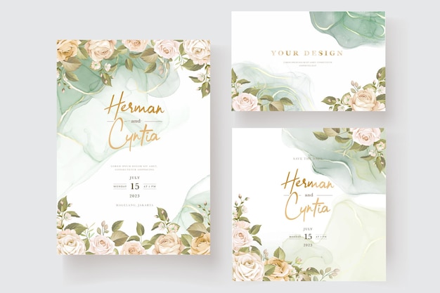 beautiful hand drawn roses wedding invitation card set