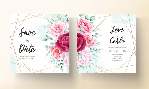 Beautiful hand drawn watercolor flower wedding invitation card