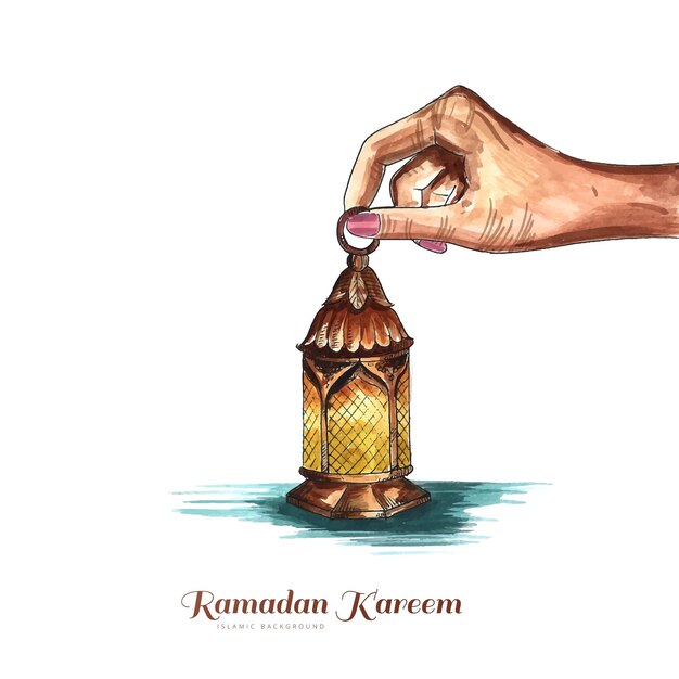 Beautiful hand holding arabic lamp ramadan kareem background