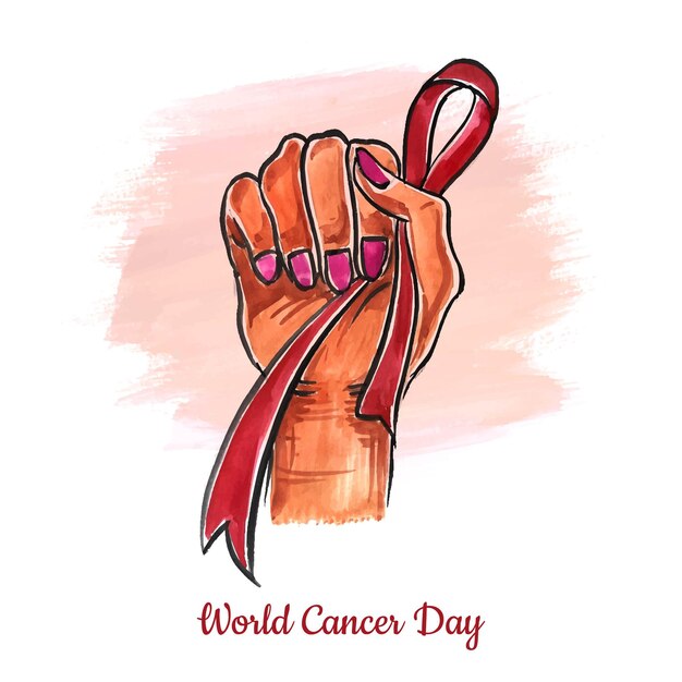 Beautiful hand with ribbon of world cancer day background