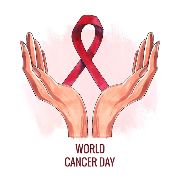 Beautiful hand with ribbon of world cancer day background