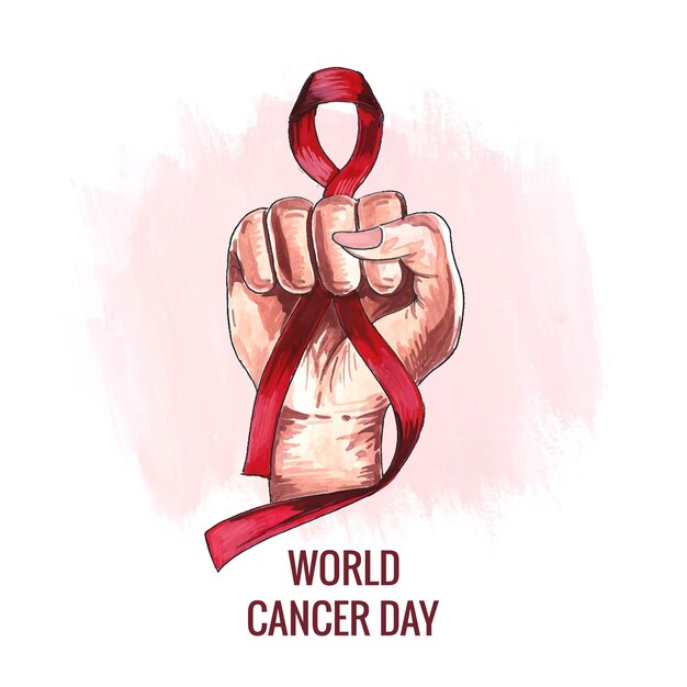 Beautiful hand with ribbon of world cancer day background