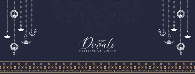 Beautiful Happy Diwali festival greeting banner with hanging lamps design