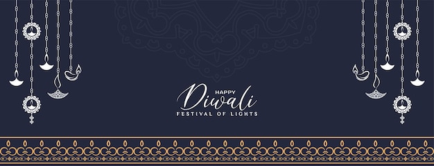 Beautiful Happy Diwali festival greeting banner with hanging lamps design