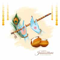 Free vector beautiful happy janmashtami with lord krishna hand playing bansuri festival design