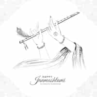 Free vector beautiful happy janmashtami with lord krishna hand playing bansuri sketch festival design