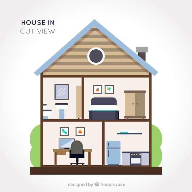 Free Vector beautiful house in flat design with interior view of rooms