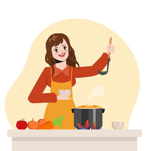 Free vector beautiful housewife is cooking in the kitchen illustration vector cartoon animation design