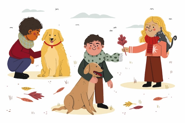 Free Vector beautiful illustration of autumn children and pets