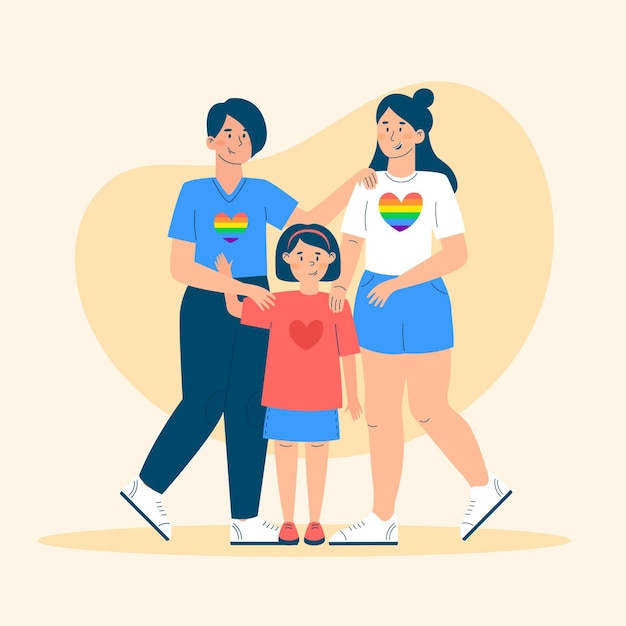 Beautiful lesbian couple with a kid illustrated