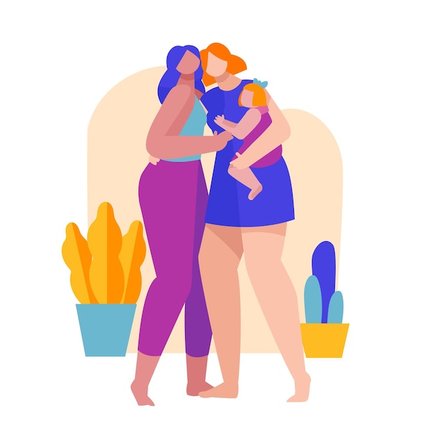 Beautiful lesbian couple with a kid illustrated