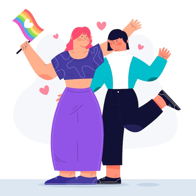 Free Vector beautiful lesbian couple with lgbt flag