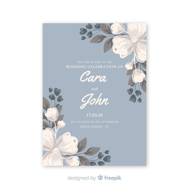 Free Vector beautiful light blue wedding invitation with watercolor flowers